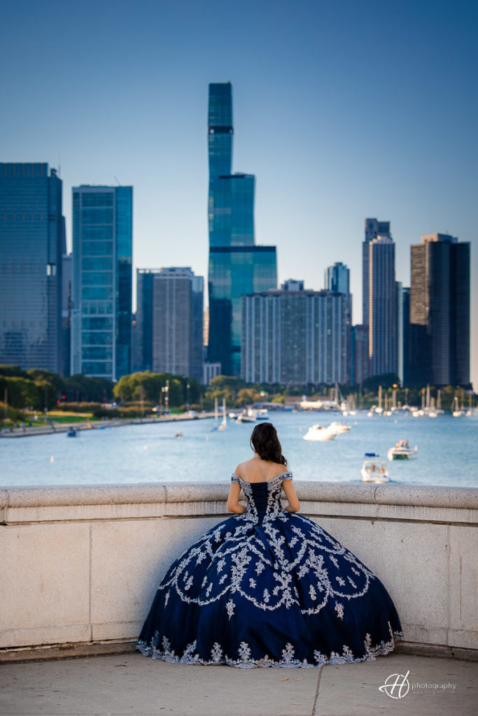 Quinceanera Aria looking at Chicago skyline.