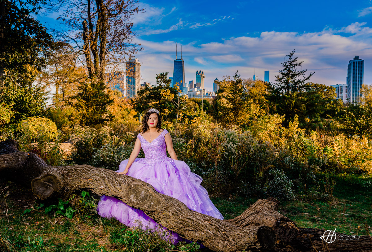 quinceañera Abby with Chicago skyline in background