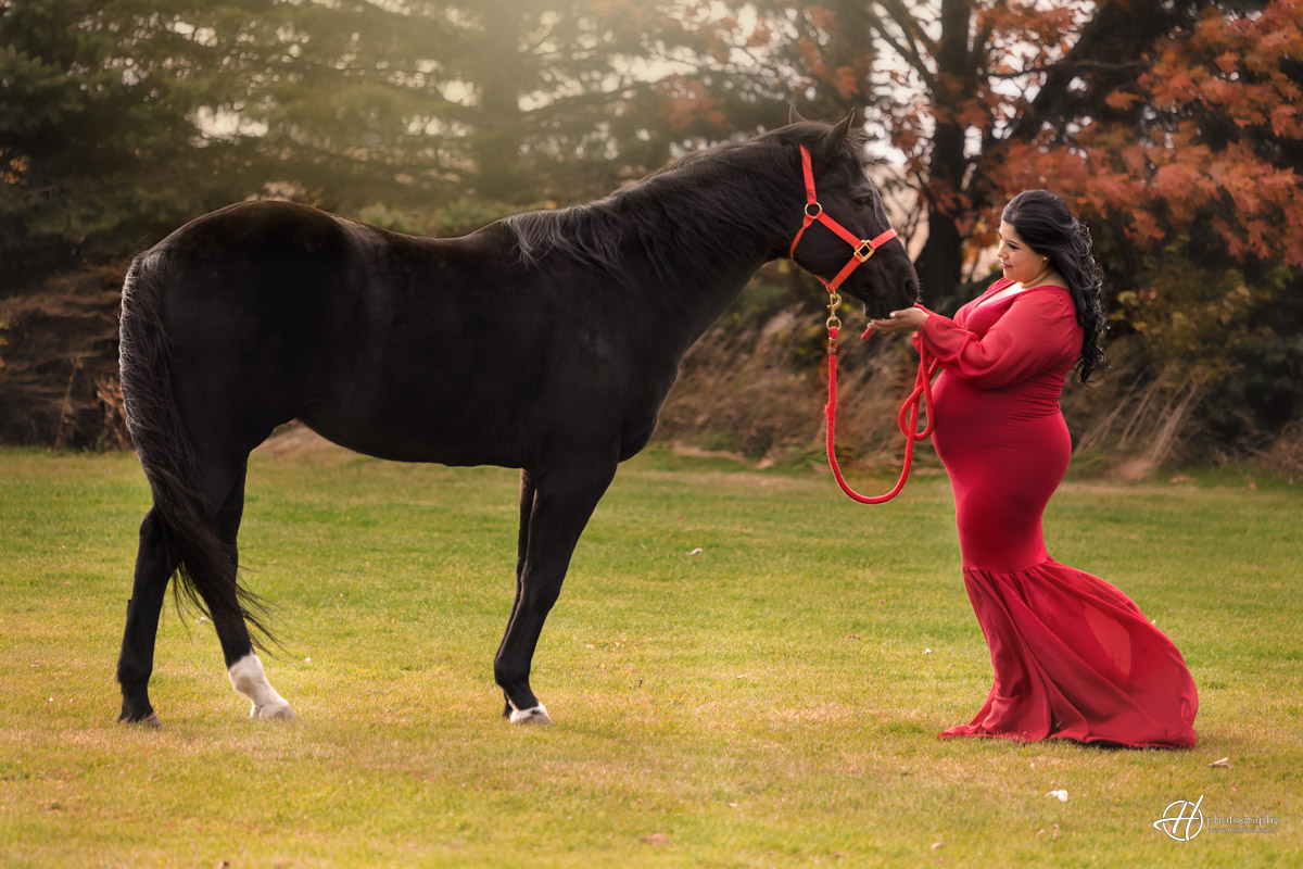 Maternity pic at the farm. Thee mom in a beautiful red dress with a black horse.