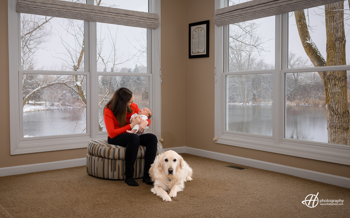 This image shows the bond between a mother named Alison, her baby, and a loyal dog. Alison is seen singing to the baby, while the dog sits by her side, offering comfort and protection. The image conveys a sense of love and security, with the family and their furry friend sharing a special moment together.