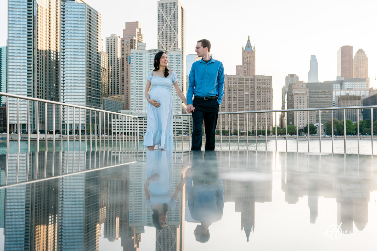 Candid Maternity shot with Chicago Skyline in Background 