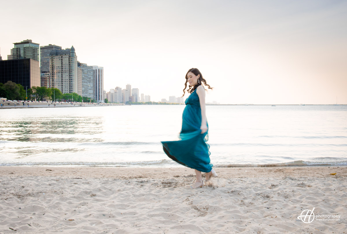Artistic Maternity Photo on Chicago Beach with Lisa and her beautiful maternity dress 