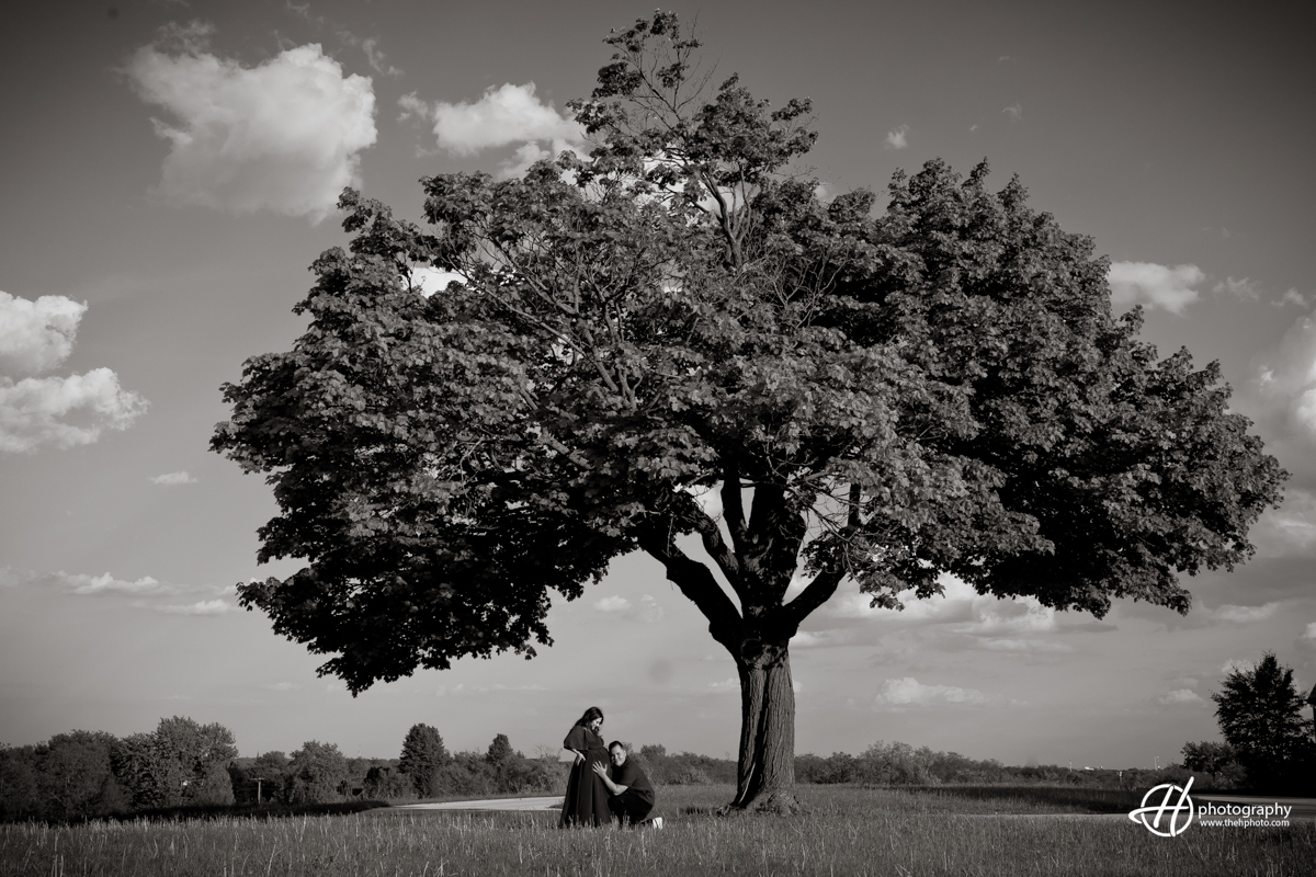 A black and white image of Bridget and Alejandro standing under a solitary tree. Bridget, wearing a long dark dress, holds her pregnant belly with a serene smile, while Alejandro stands close beside her, looking at her lovingly. The barren tree branches frame the couple, creating a striking contrast against the open sky. The simplicity and elegance of the scene emphasize the couple's intimate connection and the anticipation of their new journey into parenthood.