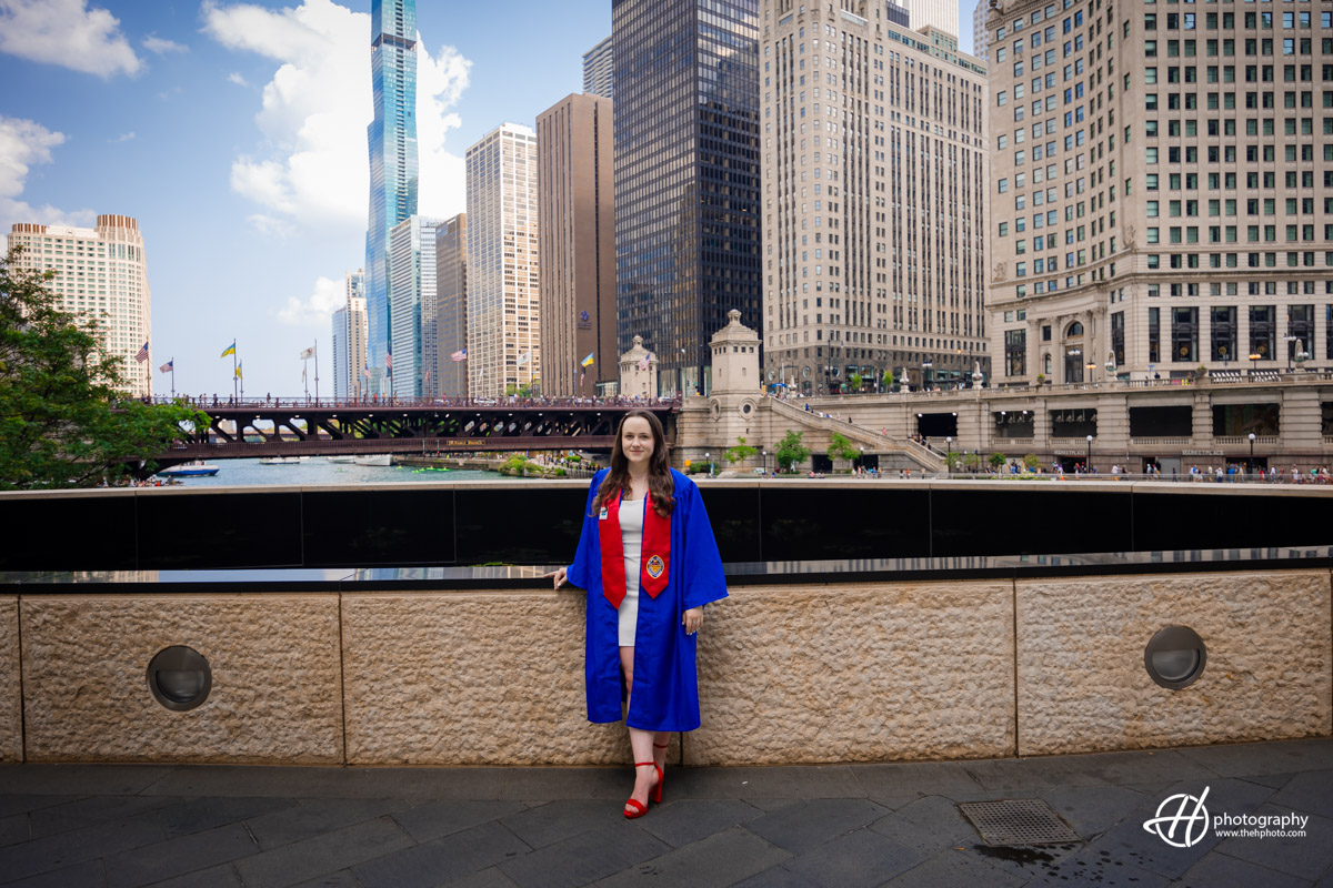 Panorama image with DePaul graduate in center of Chicago downtown 