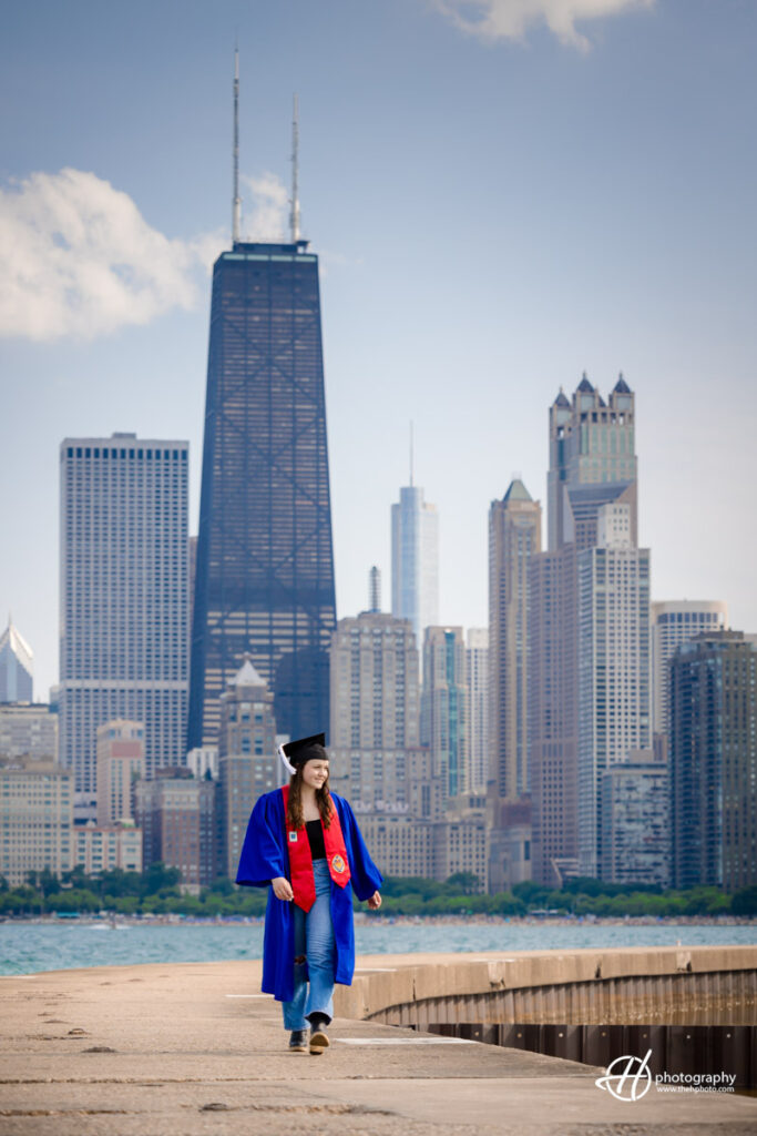 Chicago Skyline rising in the background as Amelia walks the North Avenue Beach 