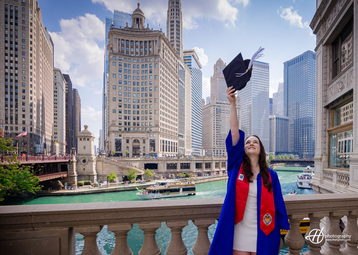 DePaul graduate saluting from Magnificent Mile Chicago 