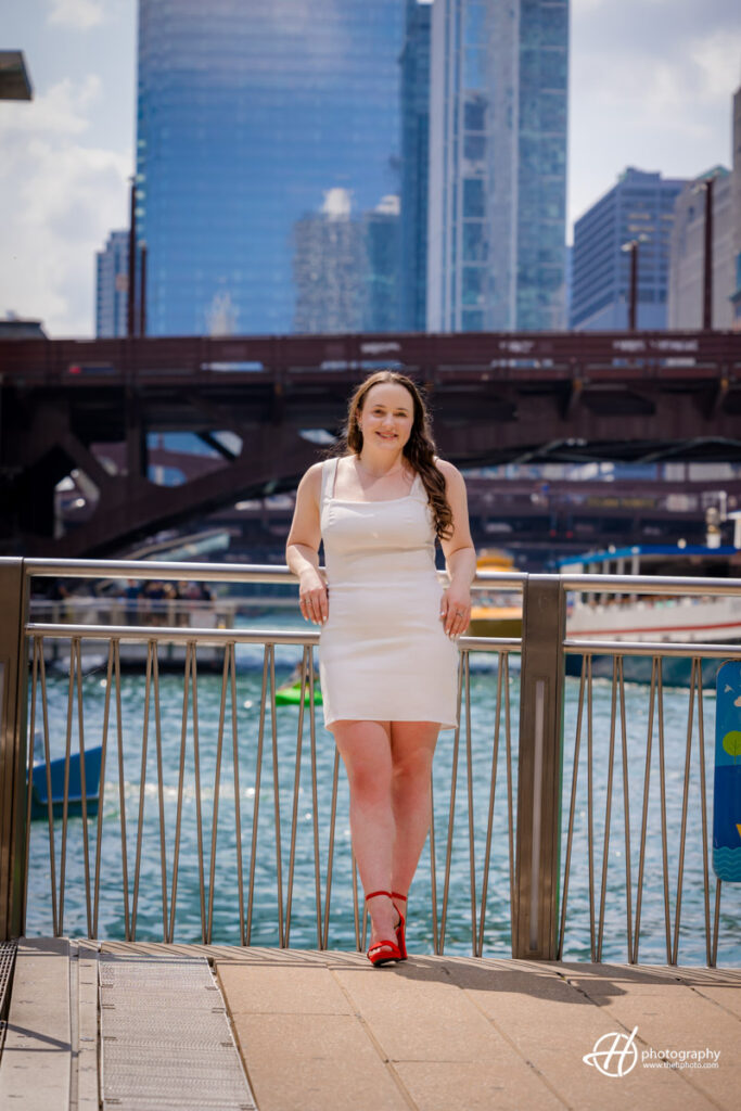 DePaul senior posing by Chicago
Riverwalk with the LaSalle Bridge in the background 