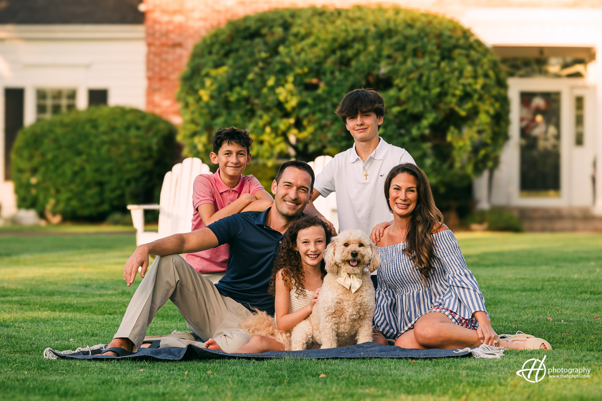 sunset family portrait at home including the puppy 