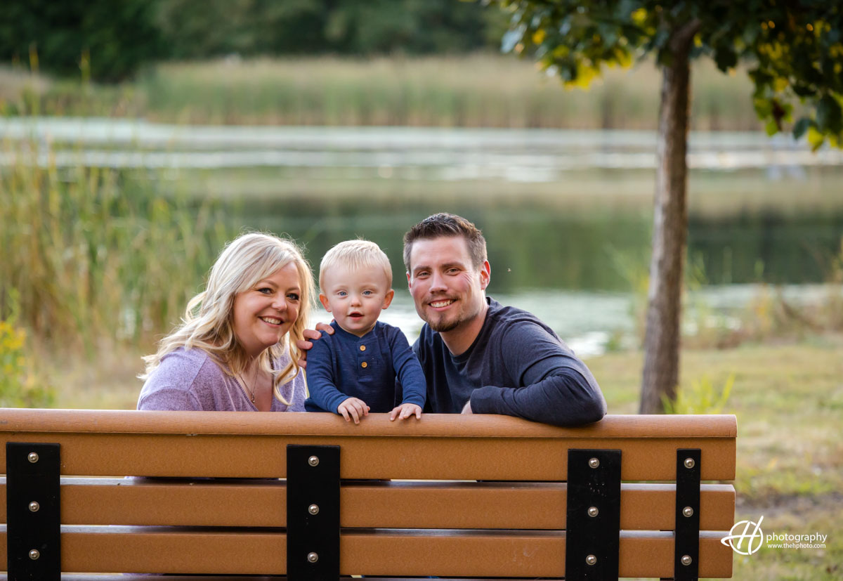 family portrait on the bench at Veteran Acres in Crystal Lake 