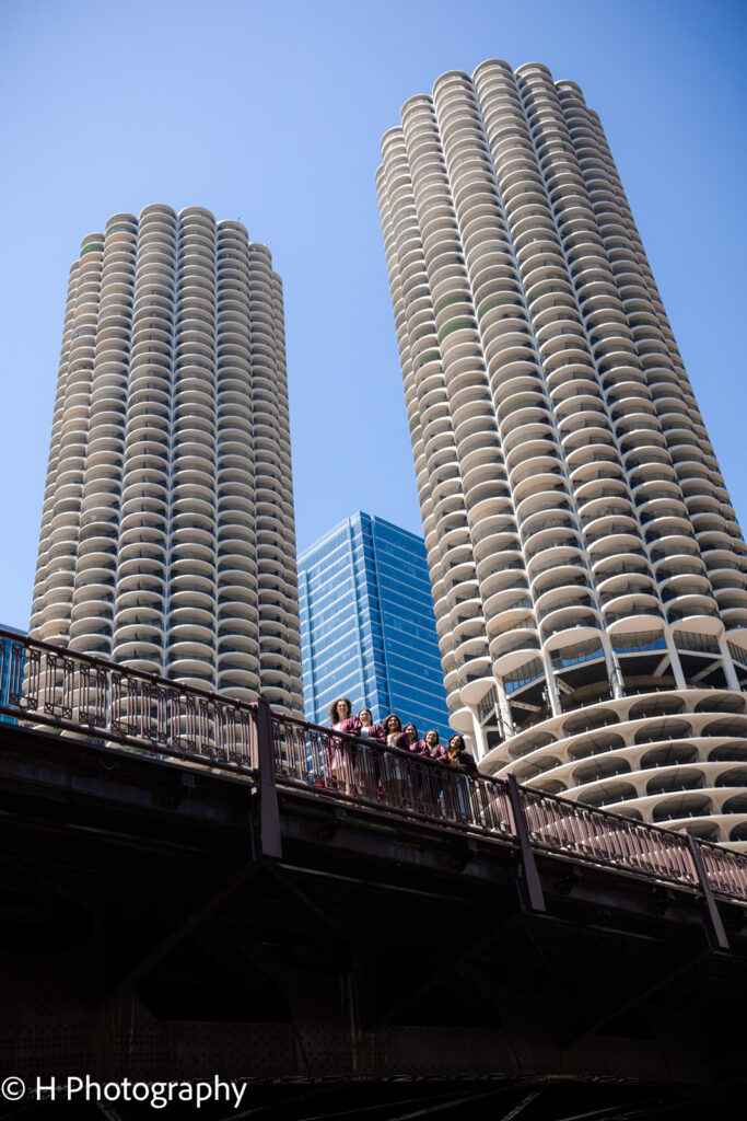 Group photos of seniors on State Street by the Corn Cob Towers.